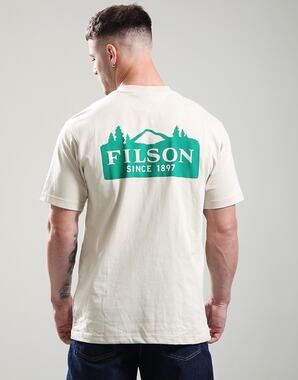 Filson Frontier Logo T-Shirt Beige Tan Gray Sz L Cotton ShortSleeve Excellent!
